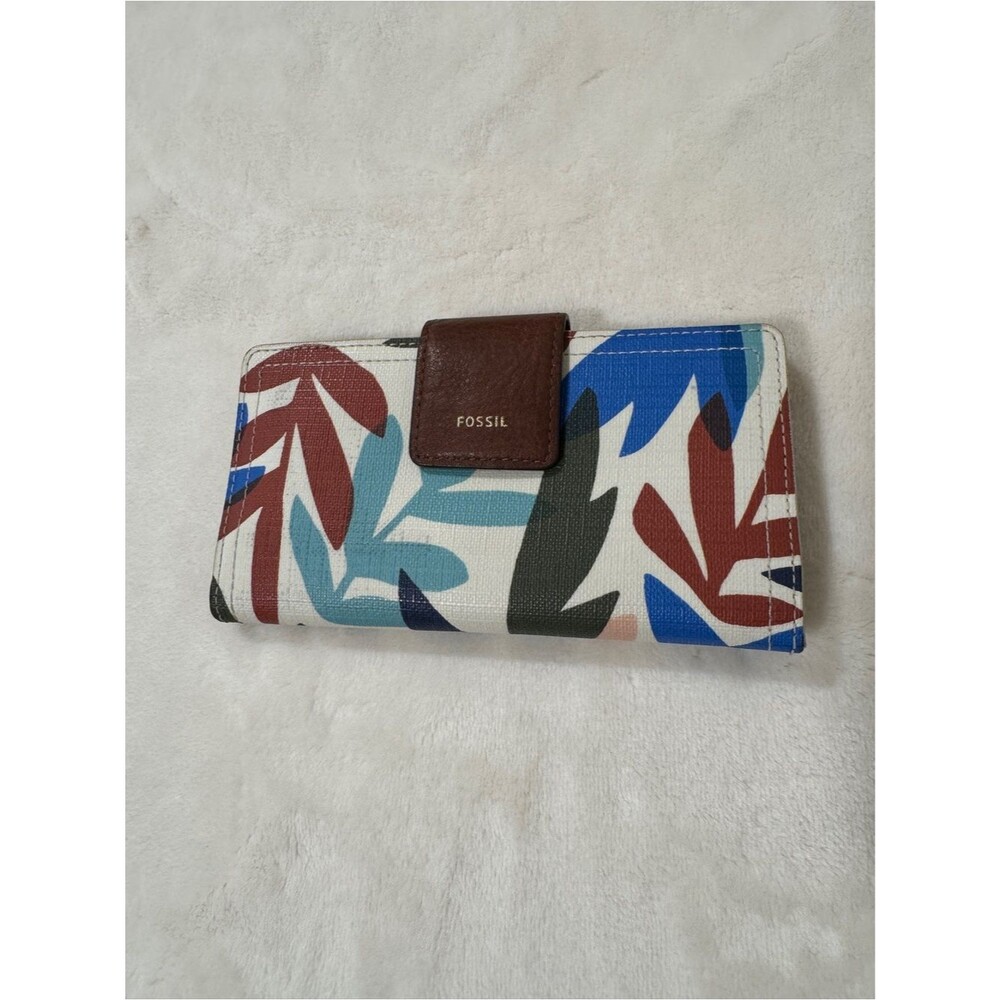 Fossil Leaf-Print Wallet in Brown, Blue, Teal and Rust